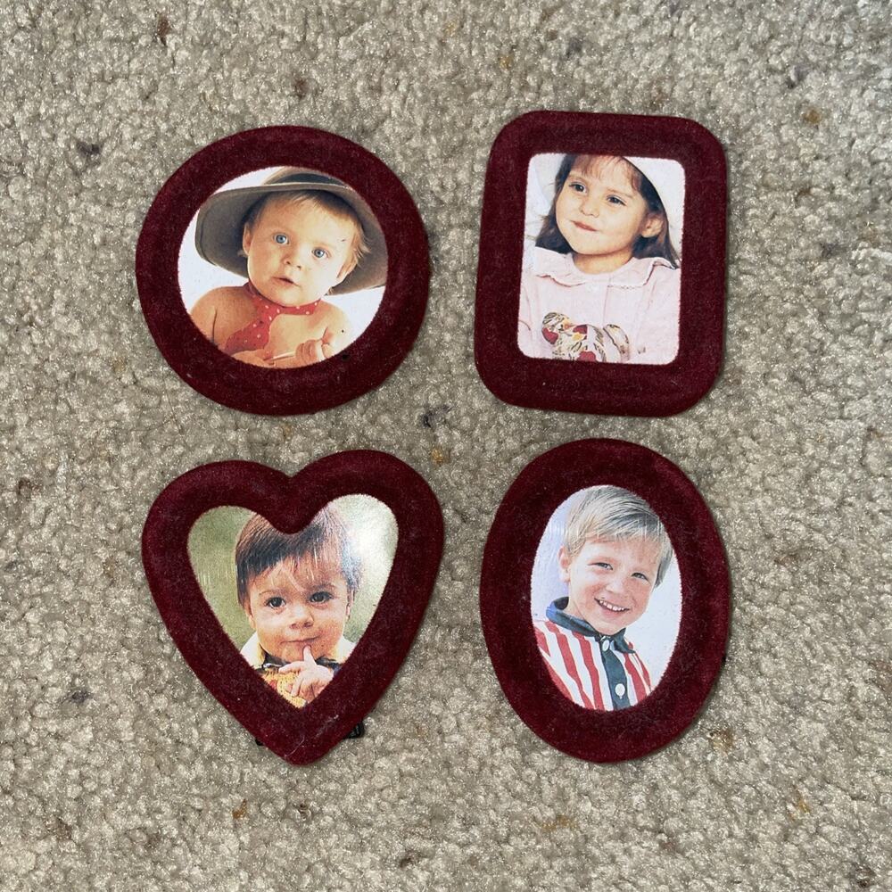 4 Vintage Miniature Red Velvet Picture Frames Heart Oval Rectangle Circle